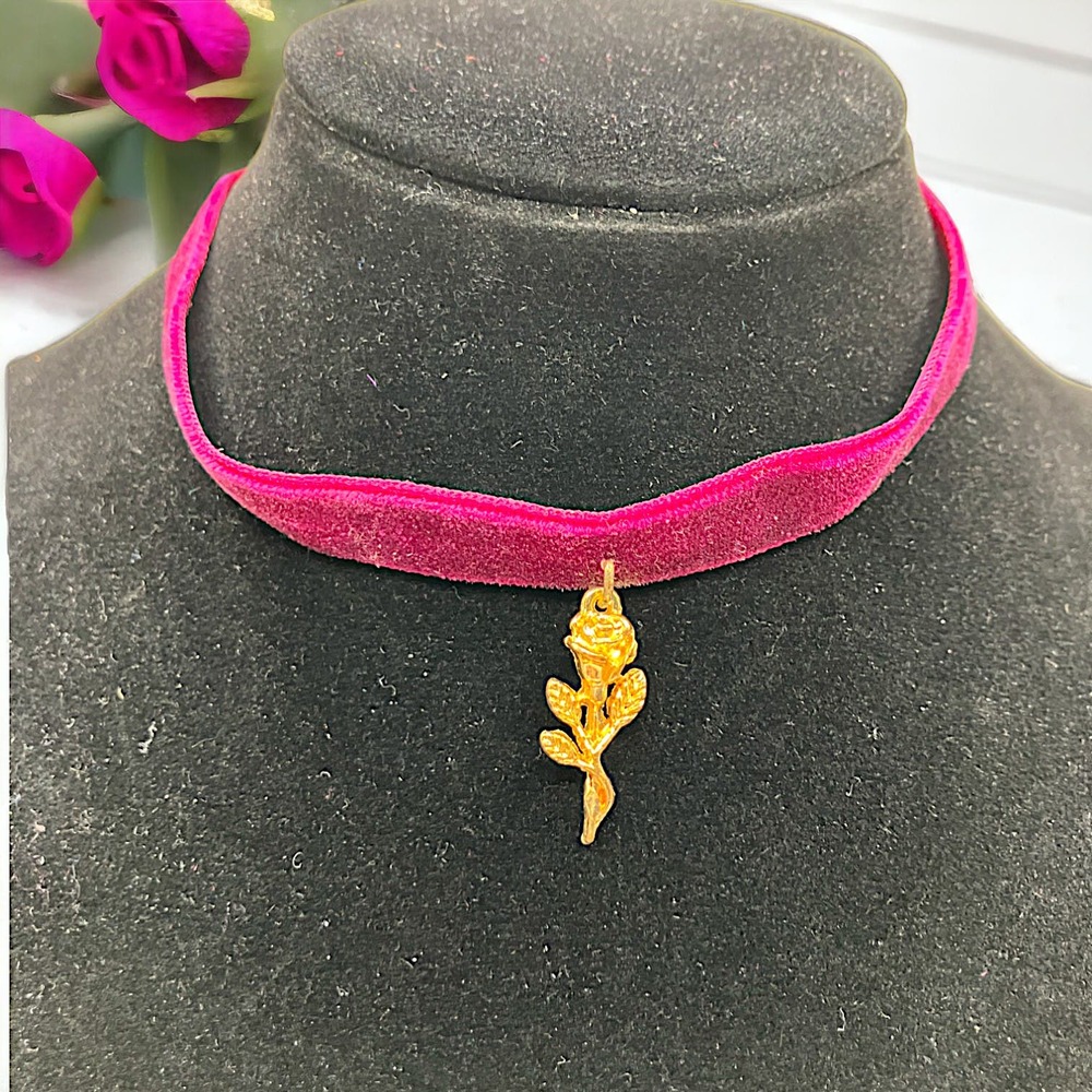 Rose Gold-Tone Pendant Burgundy Choker 16" Necklace Vintage!